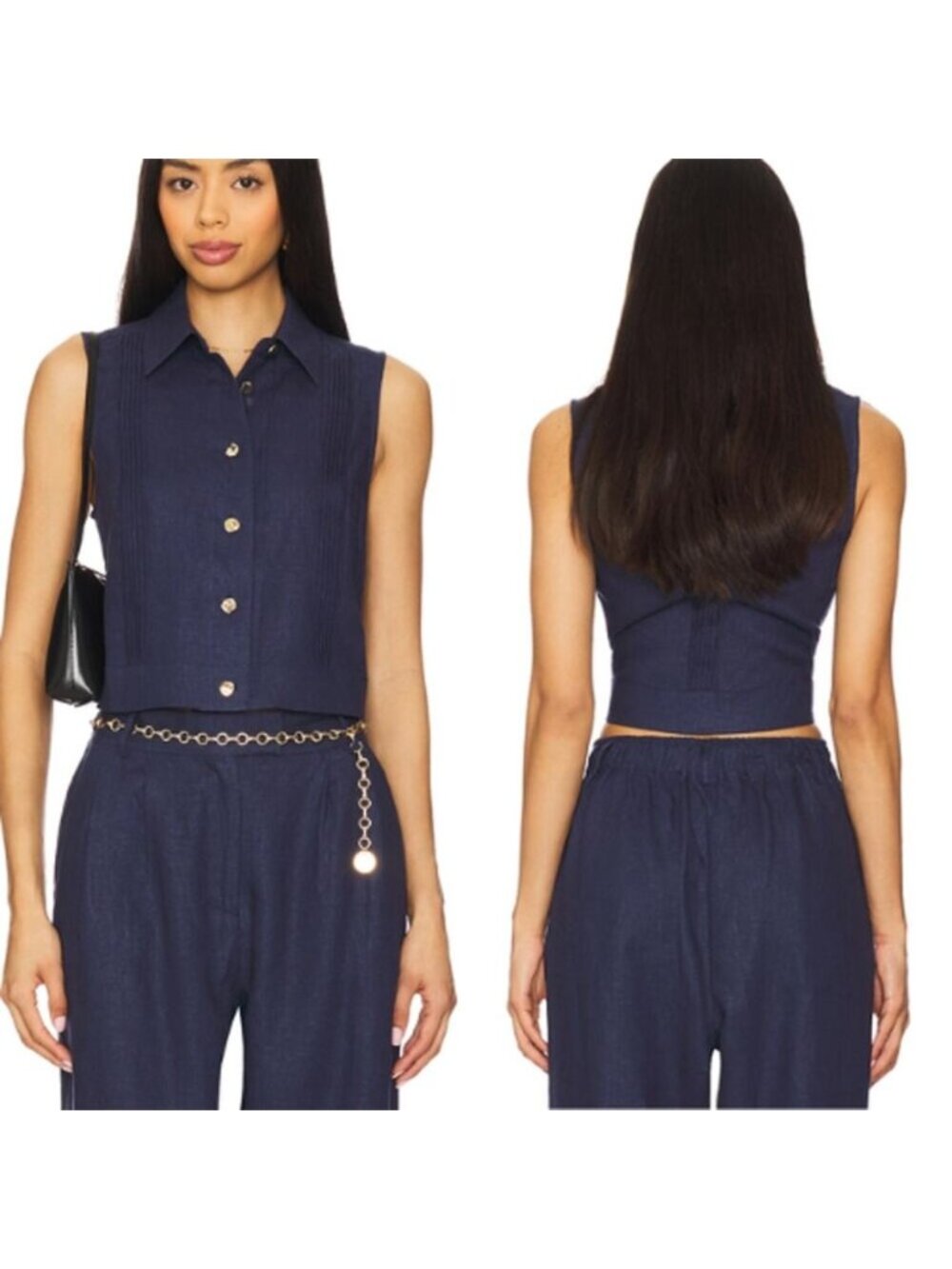 NWT Hevron Vera God Tone Buttons Cropped Sleeveless Top Indigo Size: Medium